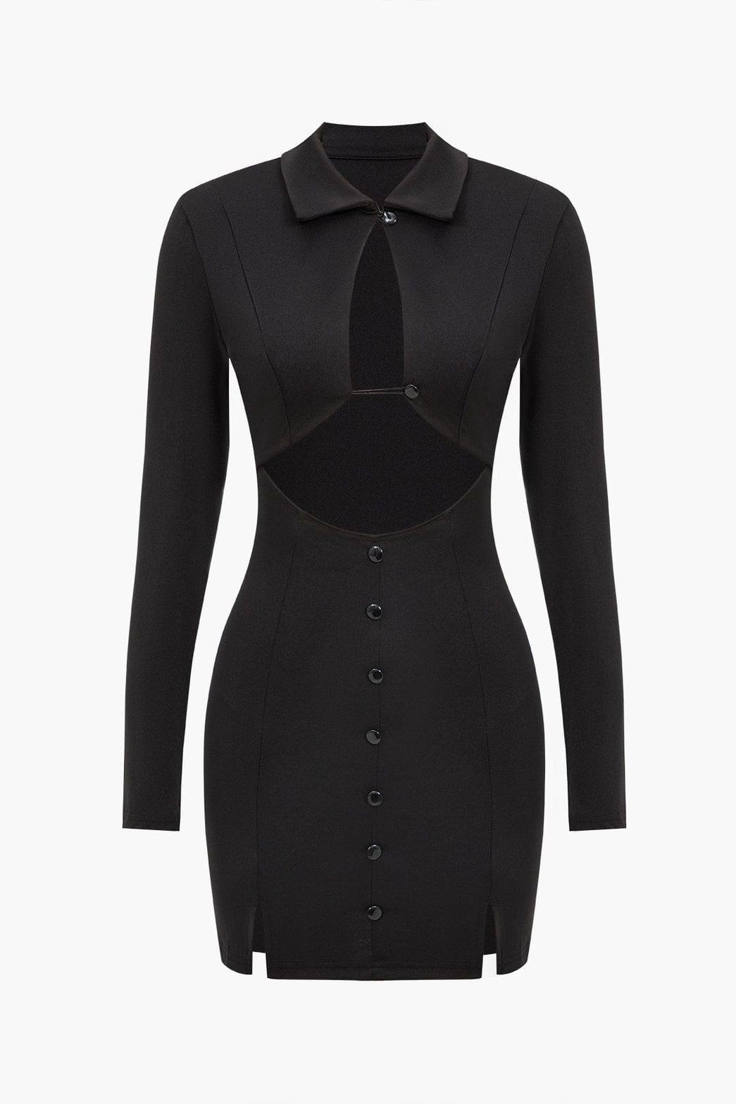 Robe moulante noire boutonnée vue de face papillon