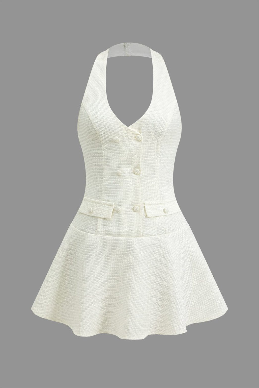 Robe courte tweed blanche col halter vue de face soleil