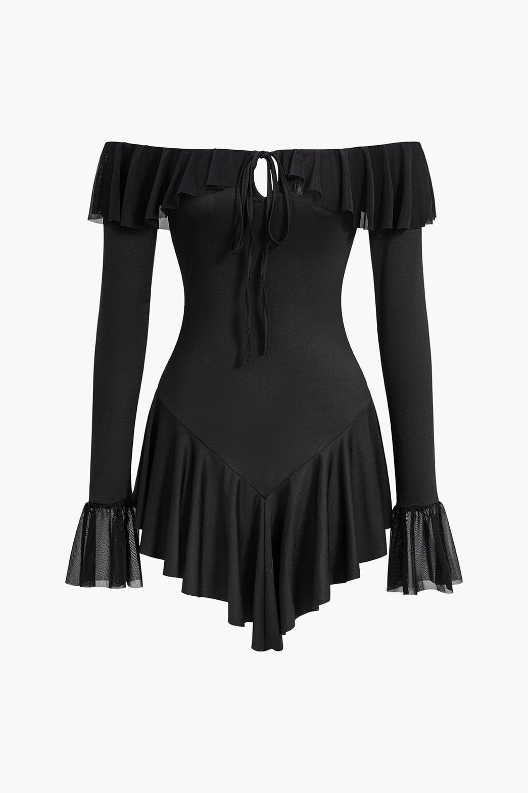 Robe courte noire épaules dénudées avec volants papillon
