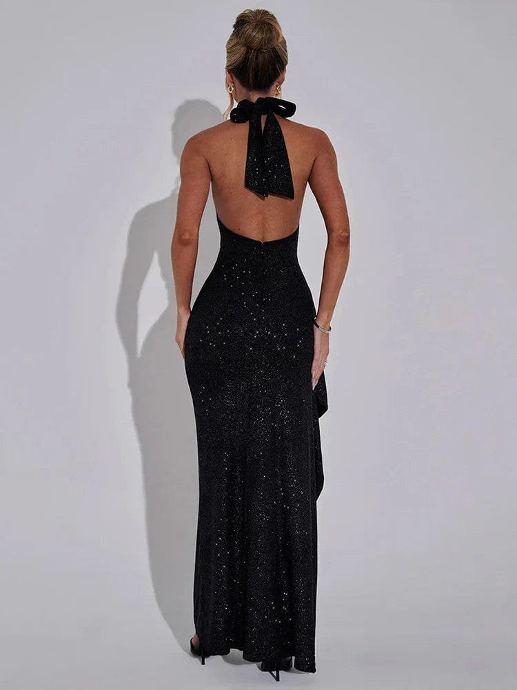 Robe fendue élégante noire cristal