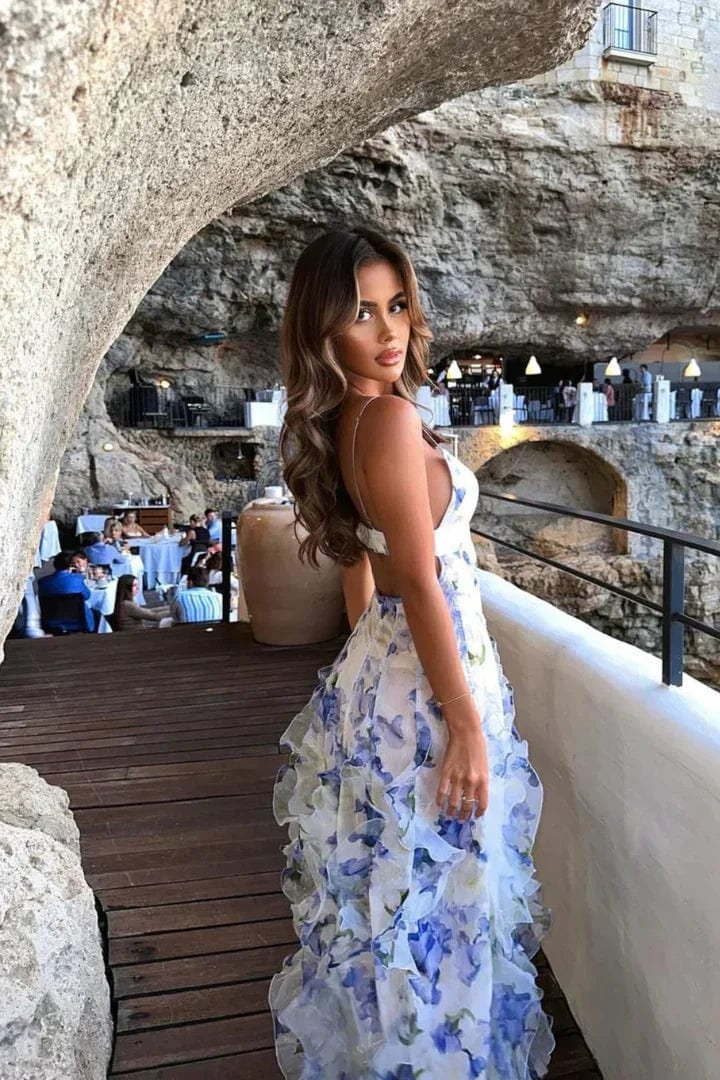 Robe longue florale à volants cascade