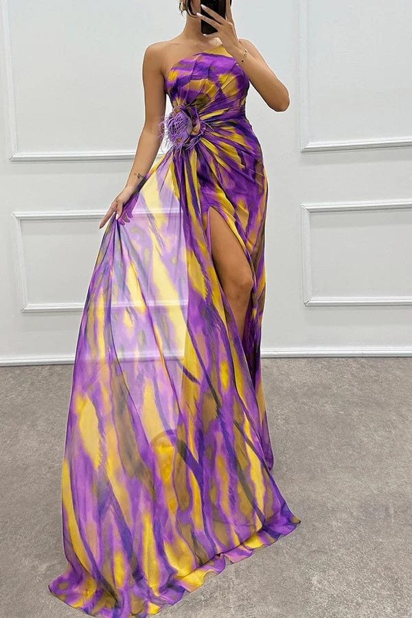 Robe Longue Asymétrique Imprimée à Fente