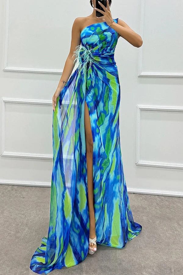 Robe longue asymétrique bleue et verte soleil