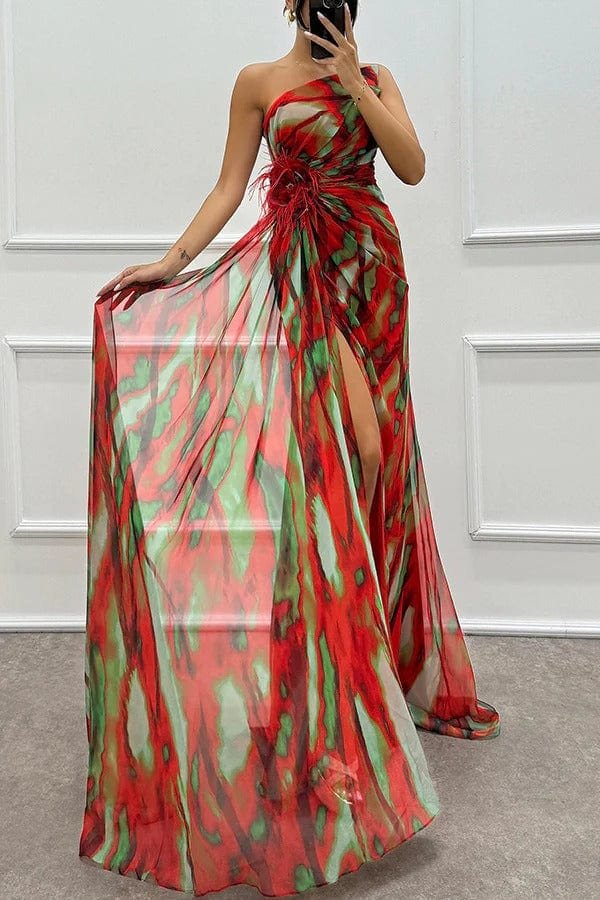 Robe Longue Asymétrique Imprimée à Fente