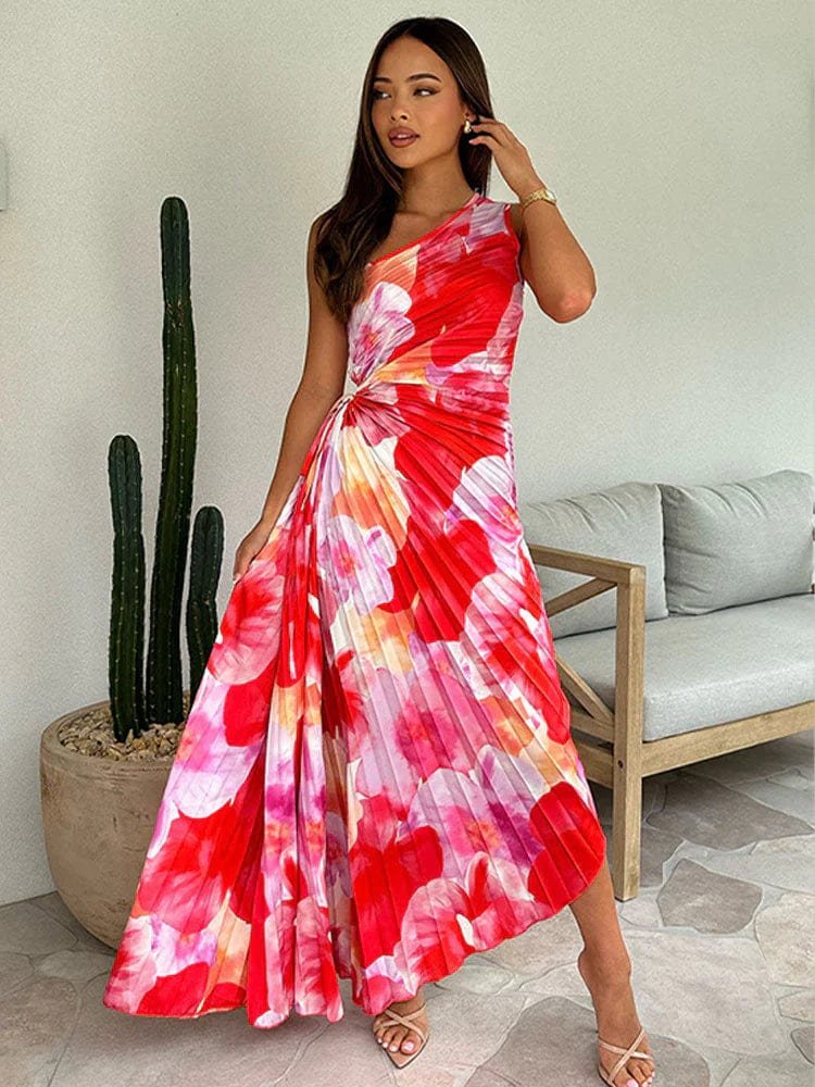 Robe longue asymétrique fleurie rouge soleil