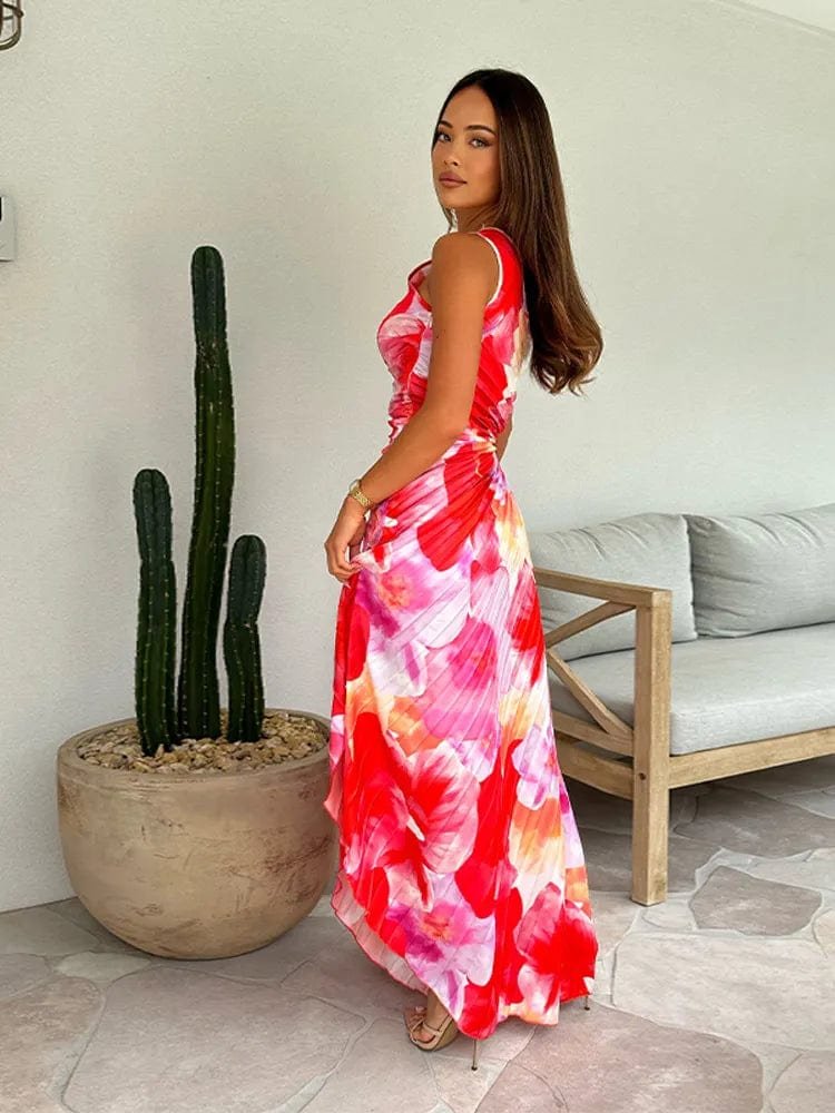 Robe longue one-shoulder fleurie danse