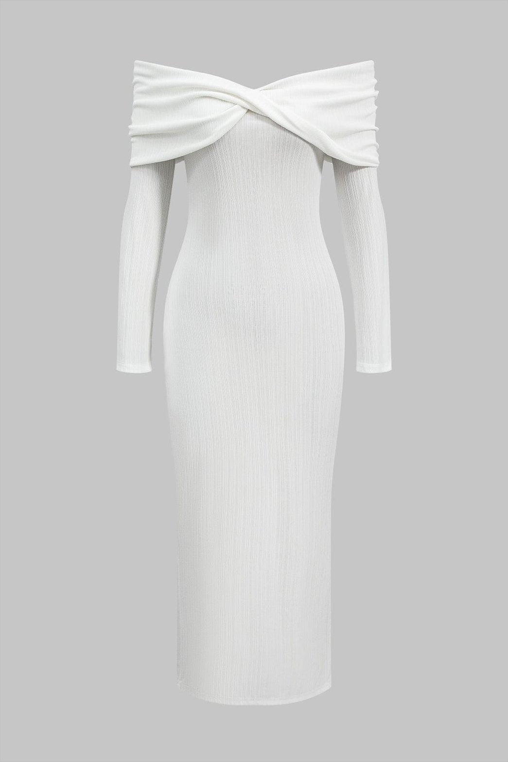Robe longue blanche drapée bardot élégante soleil