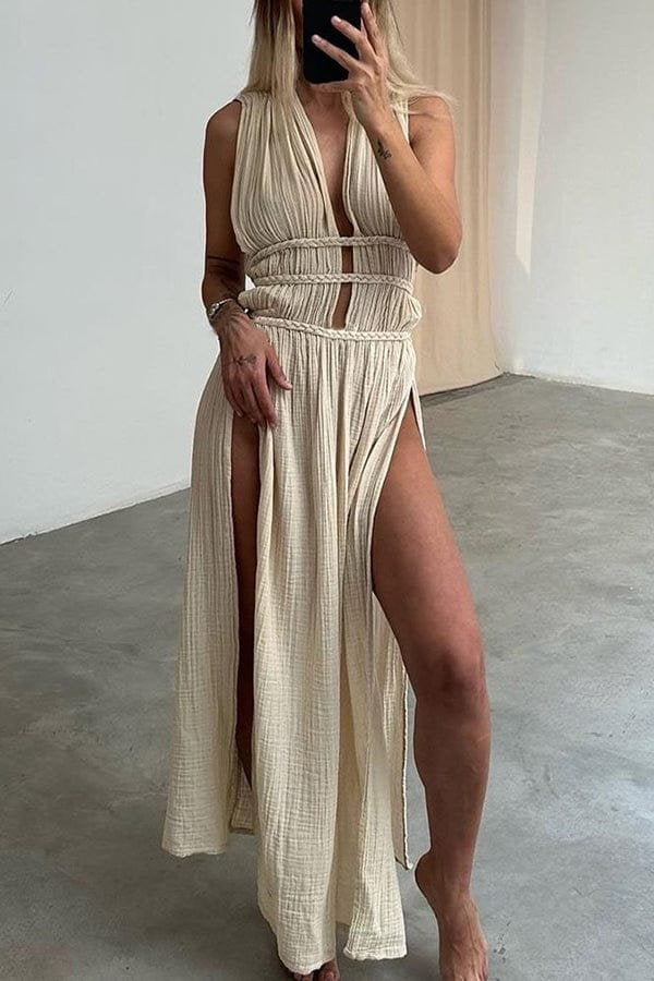 Robe longue bohème en lin beige soleil