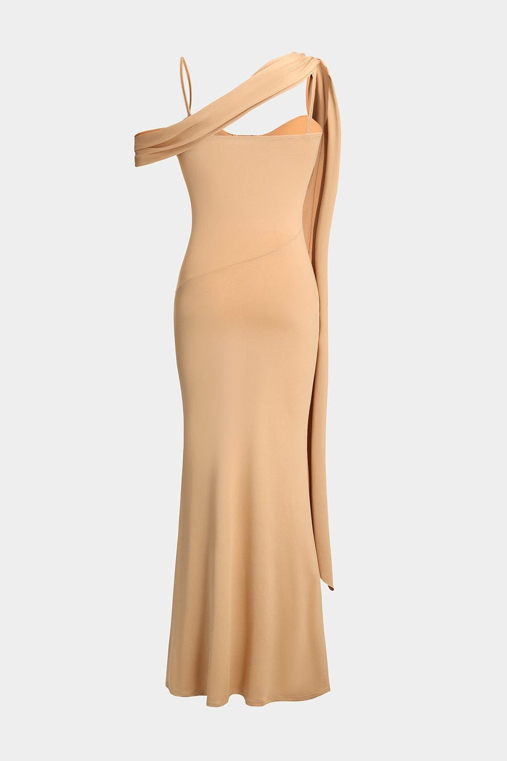 Robe longue bustier beige vue de dos lumière