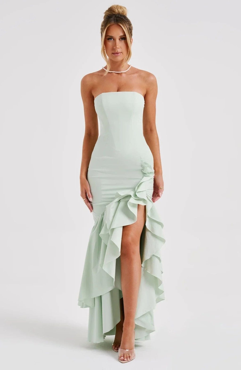 Robe Longue Bustier à Volants et Fente