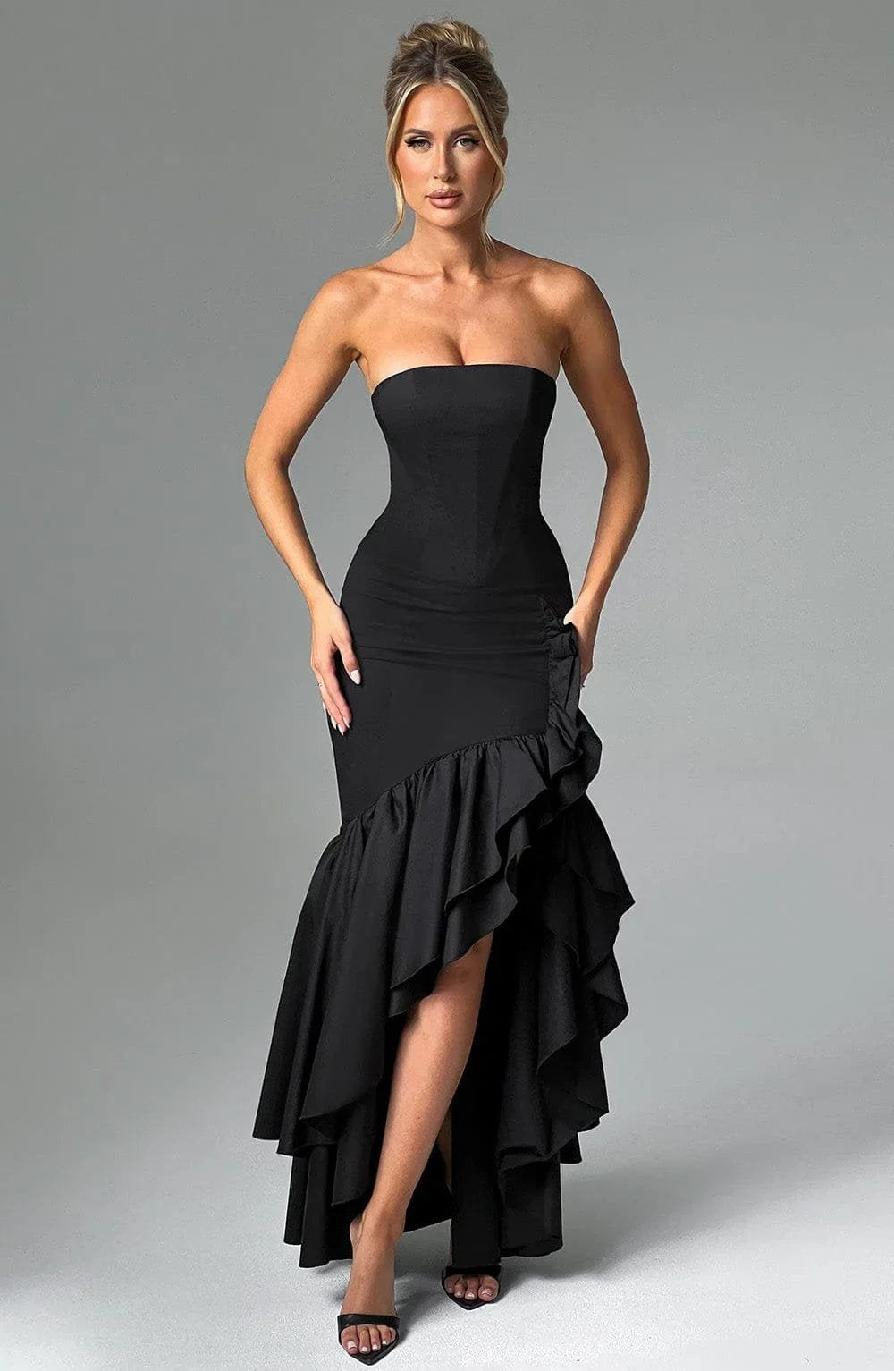 Robe Longue Bustier à Volants et Fente