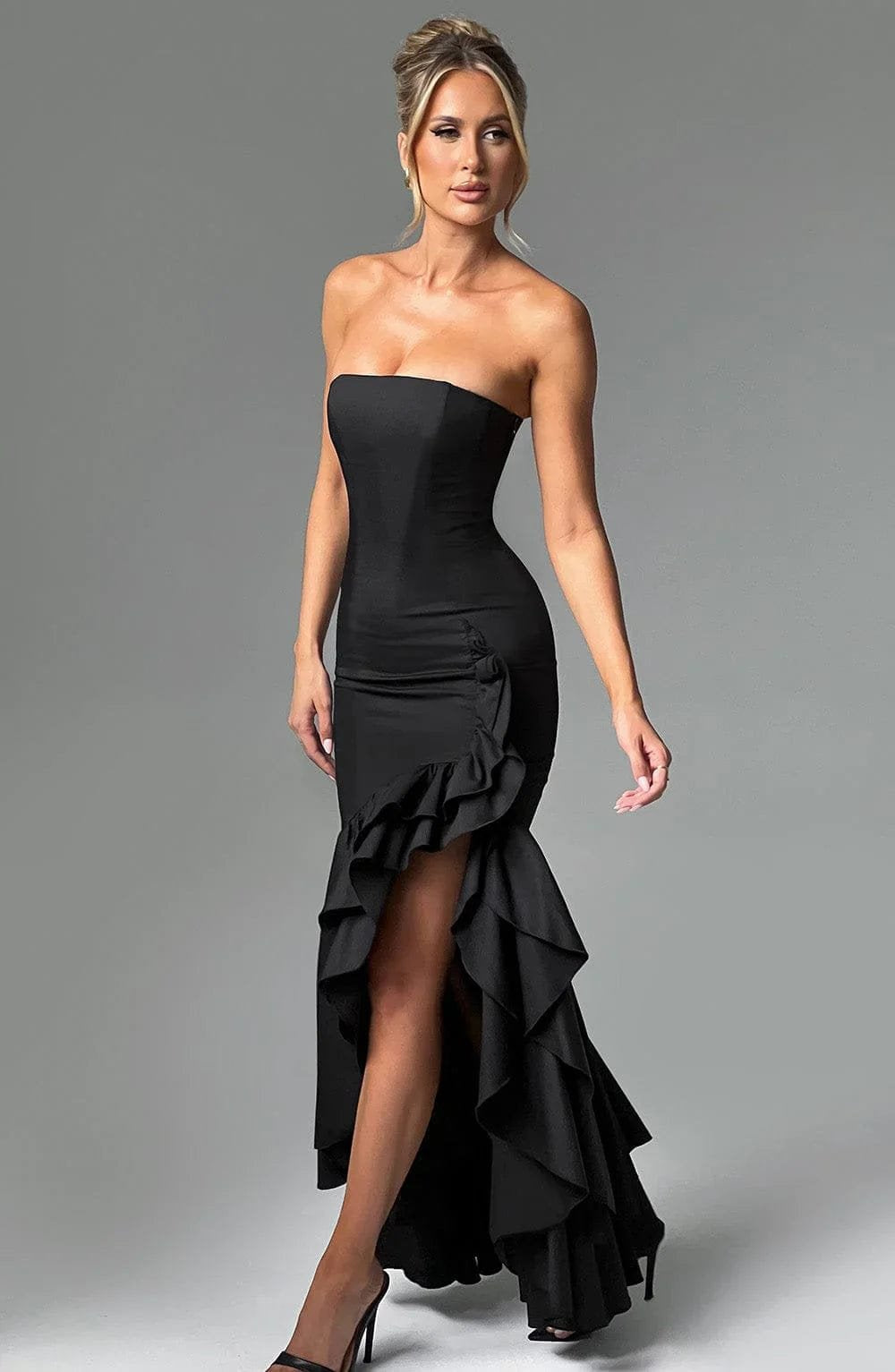 Robe Longue Bustier à Volants et Fente