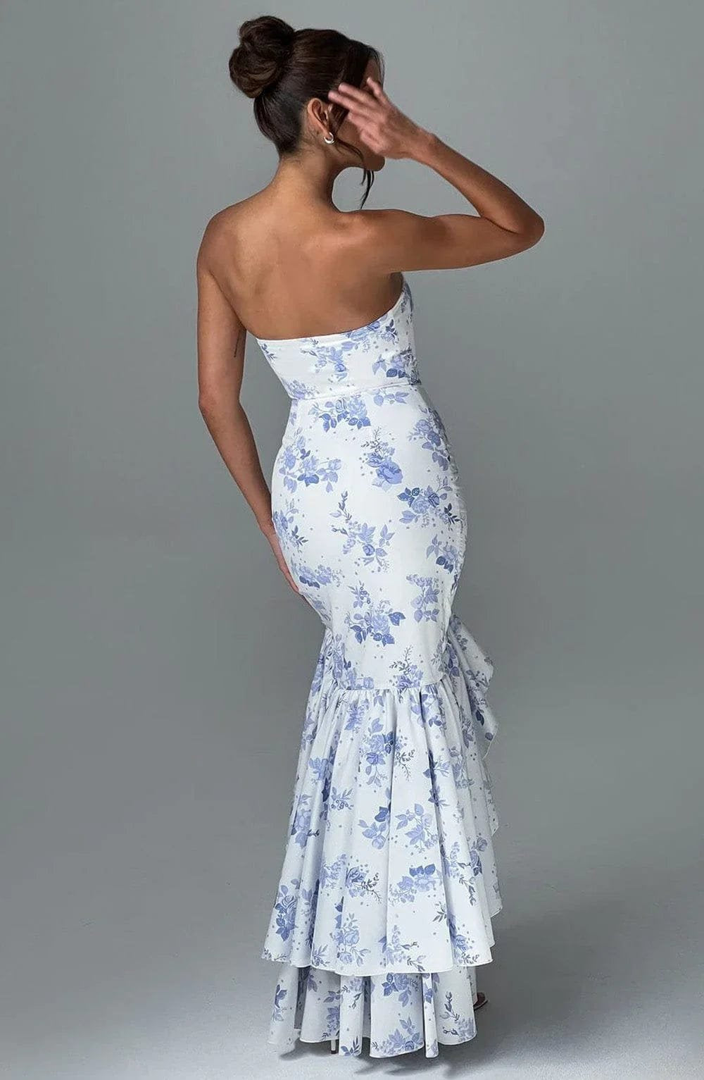 Robe Longue Bustier à Volants et Fente