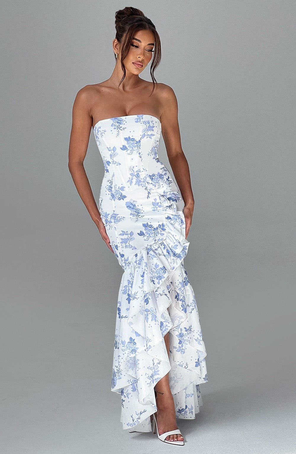 Robe Longue Bustier à Volants et Fente