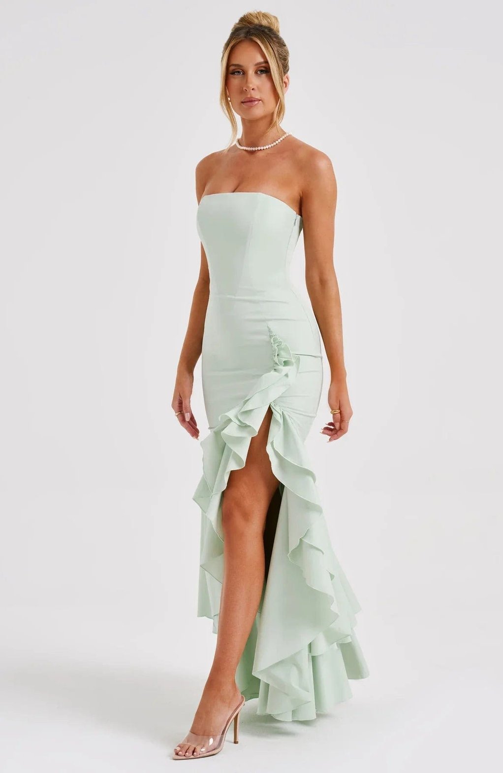 Robe Longue Bustier à Volants et Fente