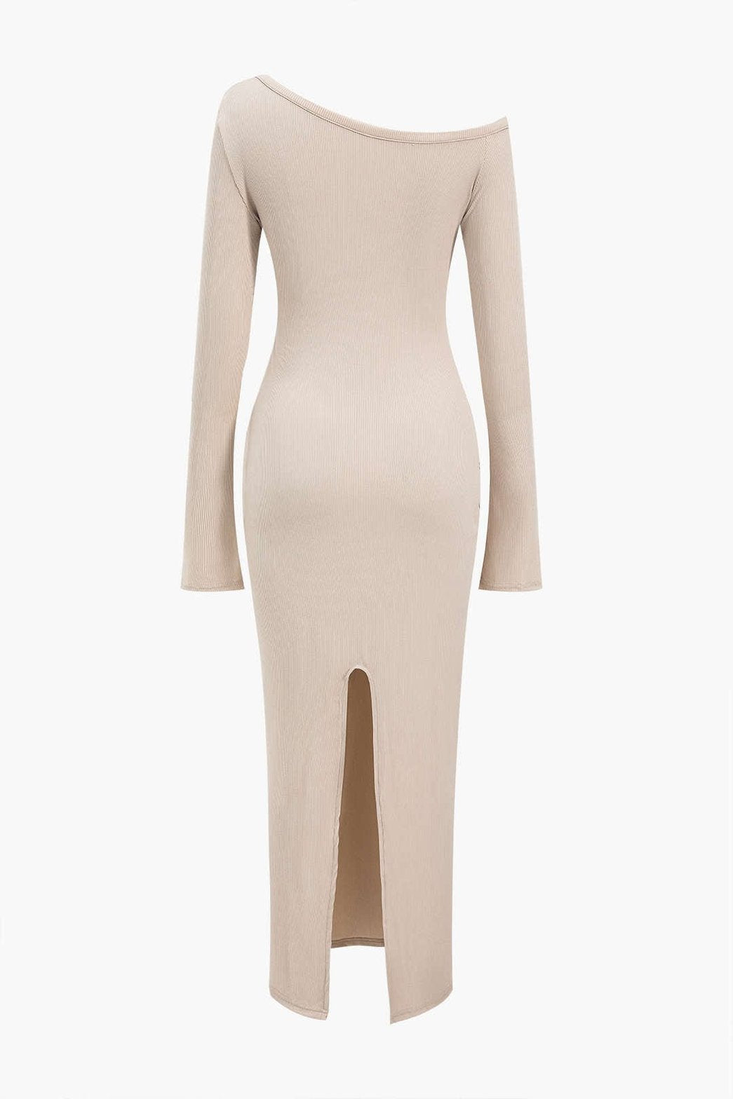 Robe longue côtelée beige détail encolure douceur