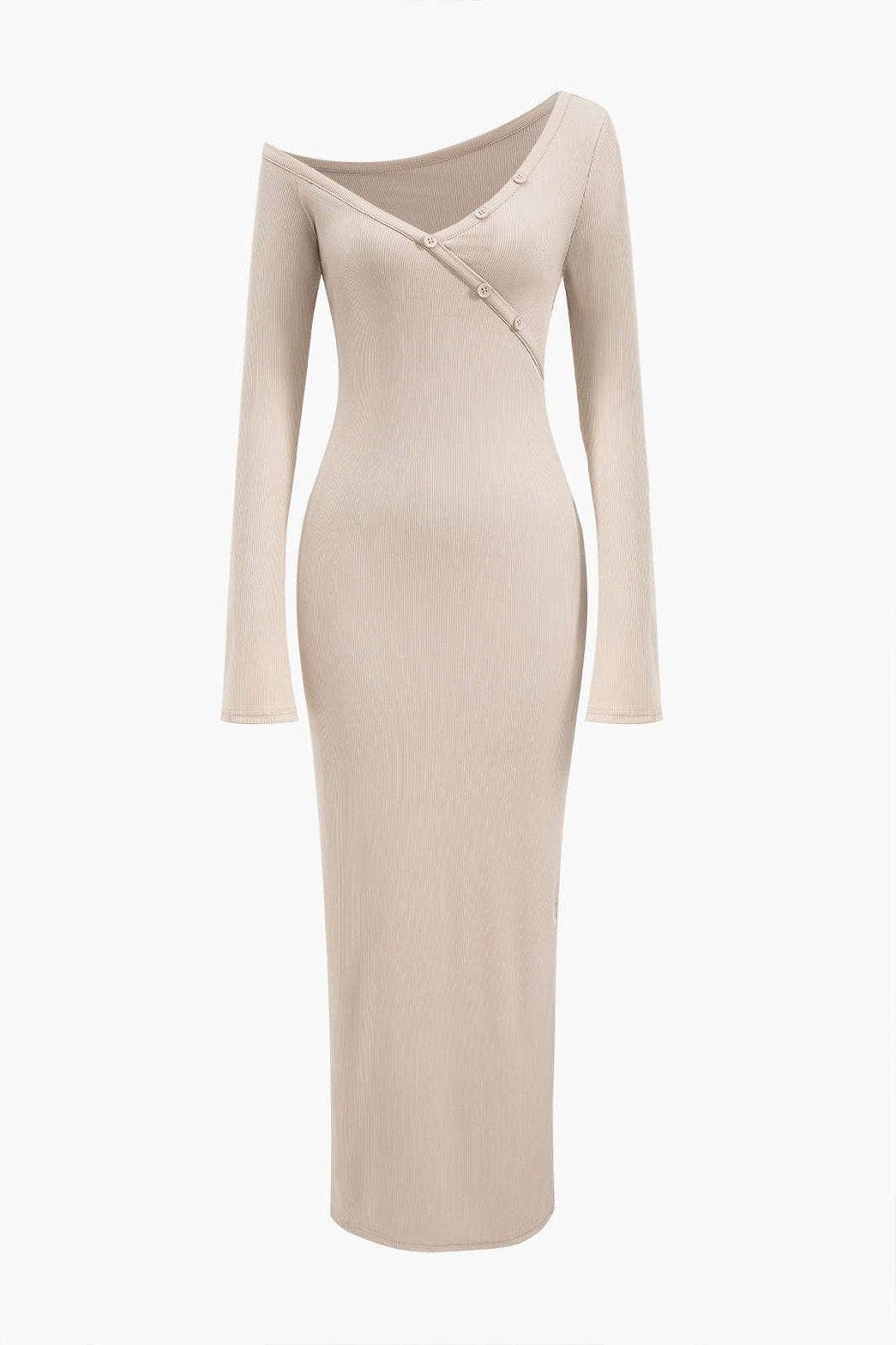 Robe longue côtelée beige asymétrique vue de face soleil