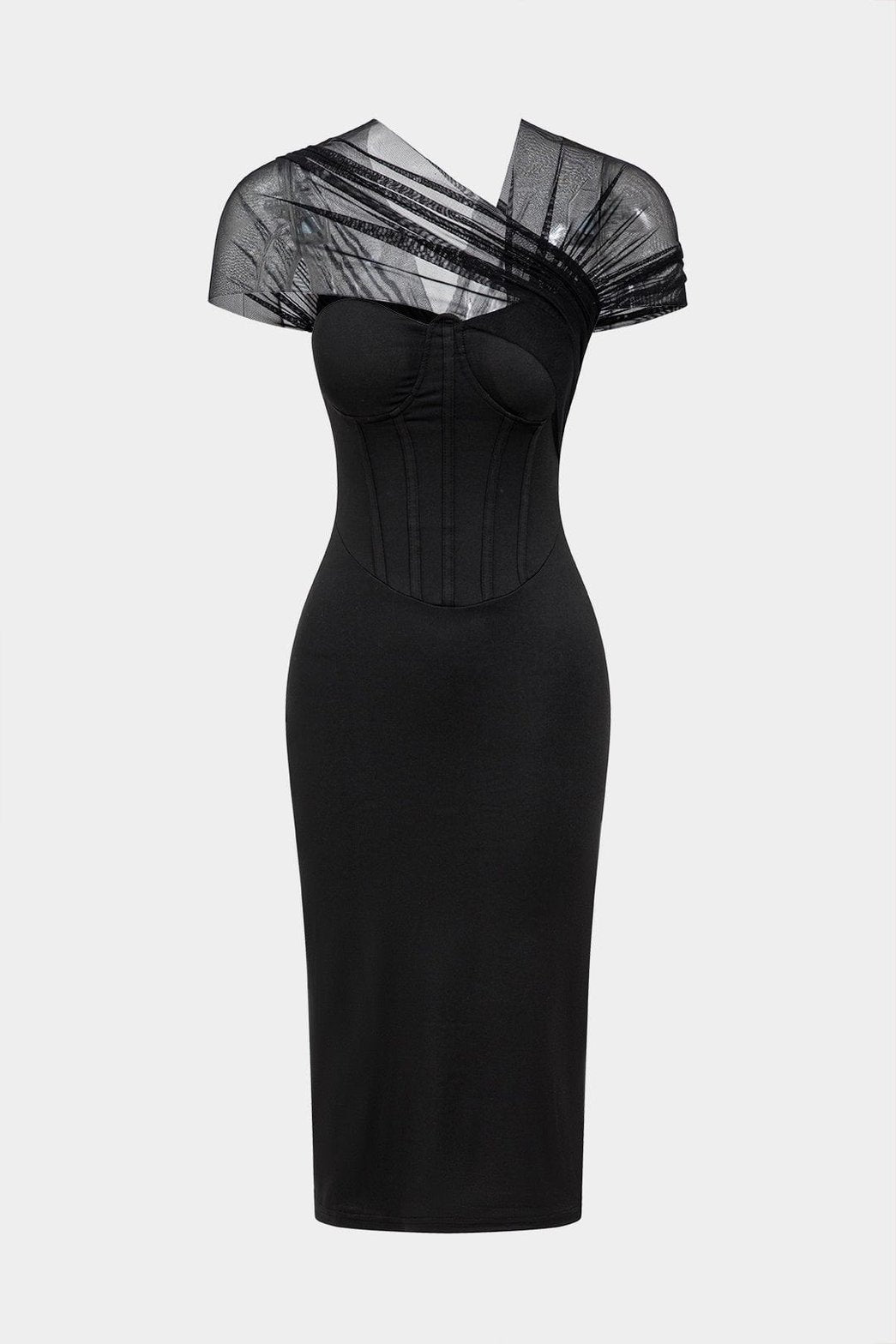 Robe longue noire corset asymétrique vue de face douceur