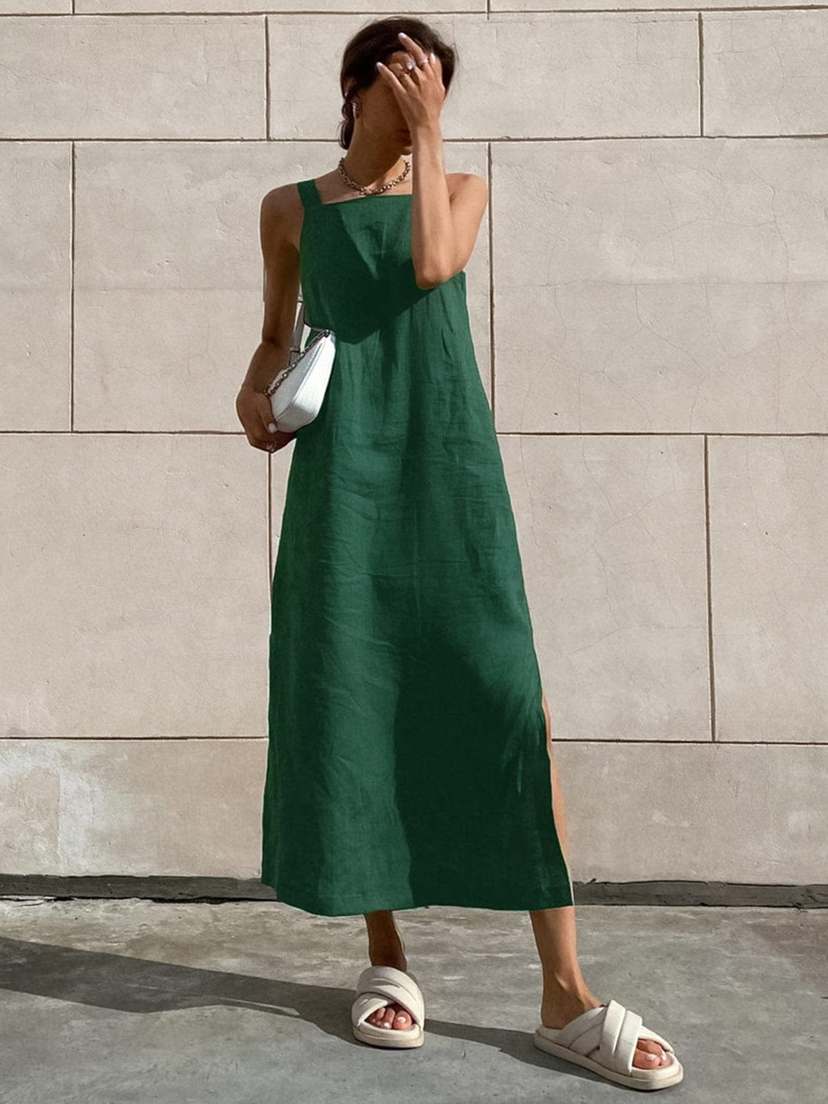 Robe longue décontractée en coton vert émeraude soleil