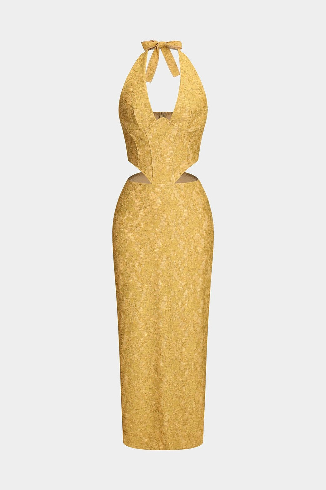 Robe longue en dentelle dorée vue de face soleil