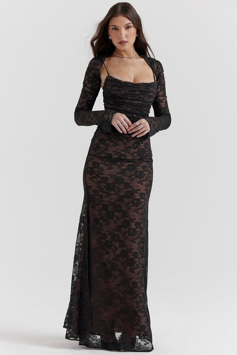 Robe longue dentelle noire élégante harmonie