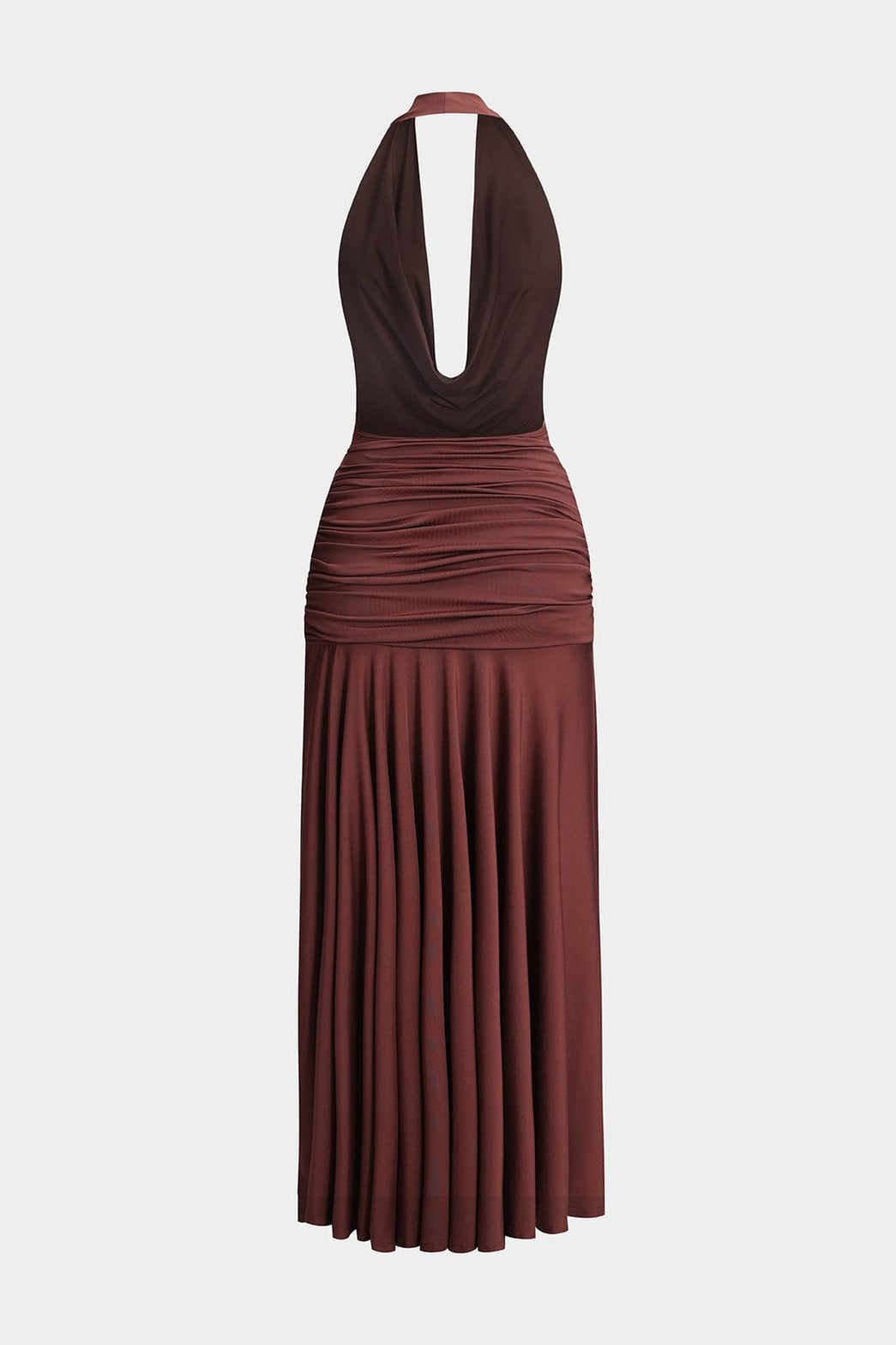 Robe longue décolleté drapé bordeaux lumière