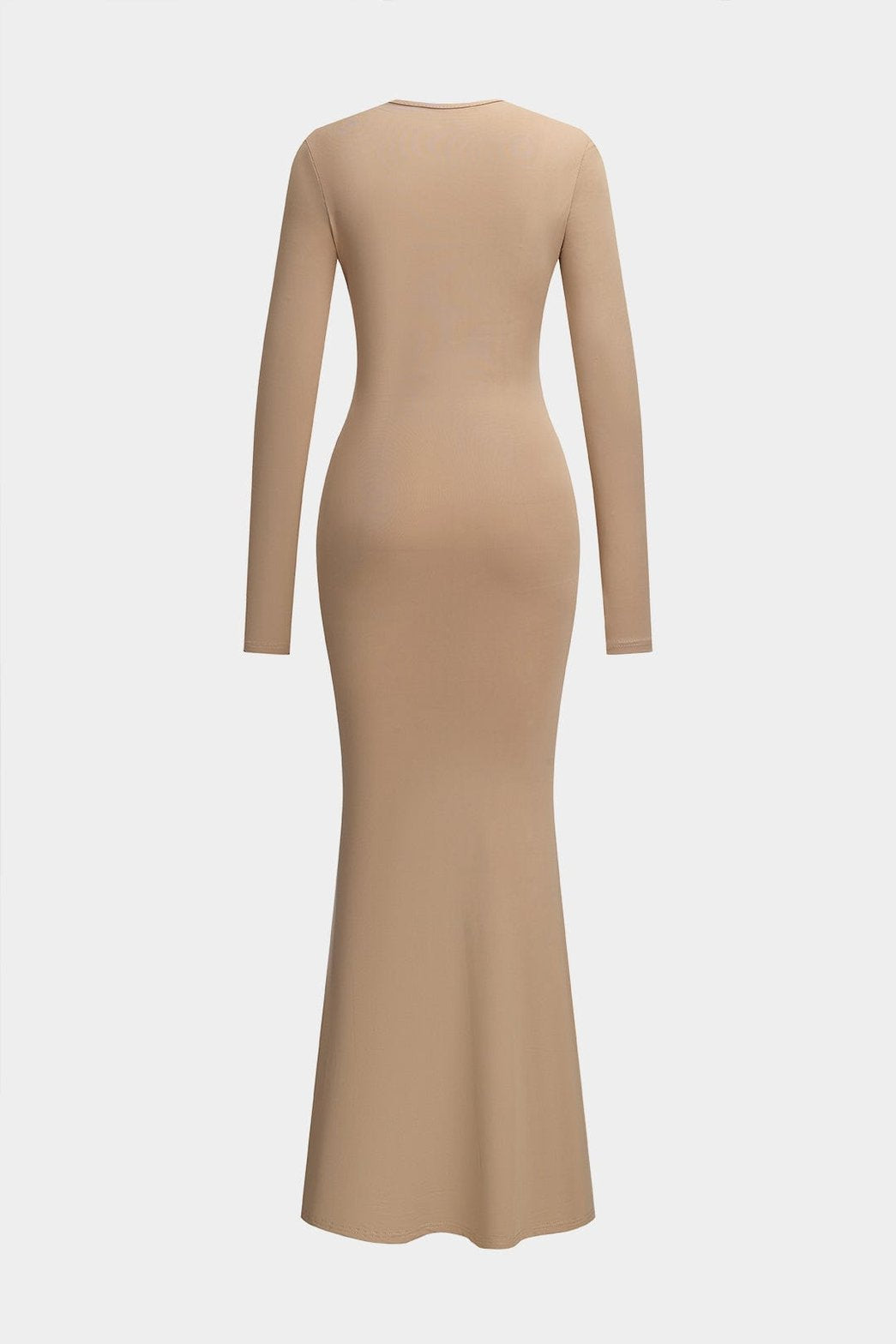 Robe longue drapée beige élégante vue de côté - Harmonie