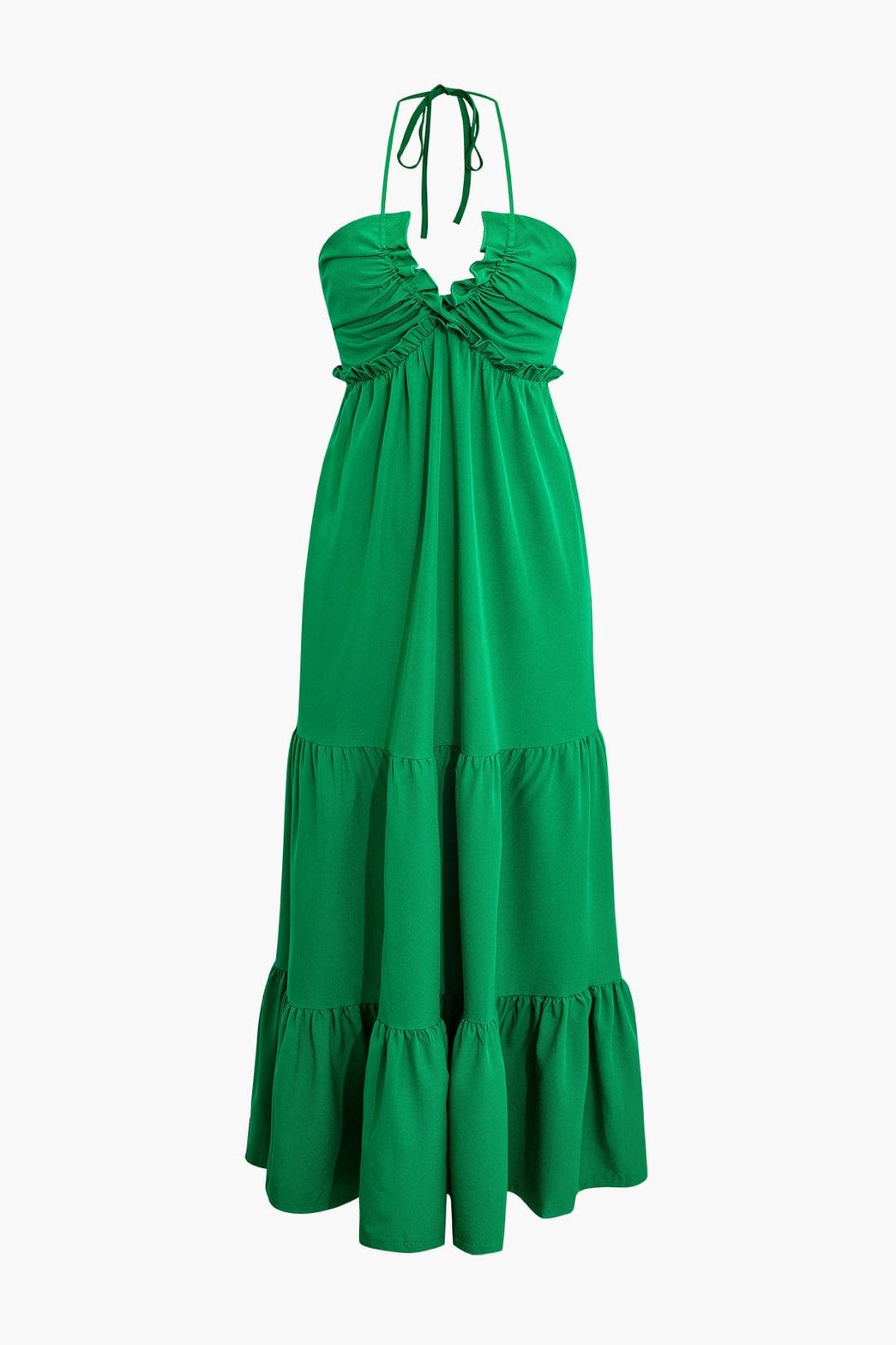 Robe longue verte festonnée à bretelles nouées soleil