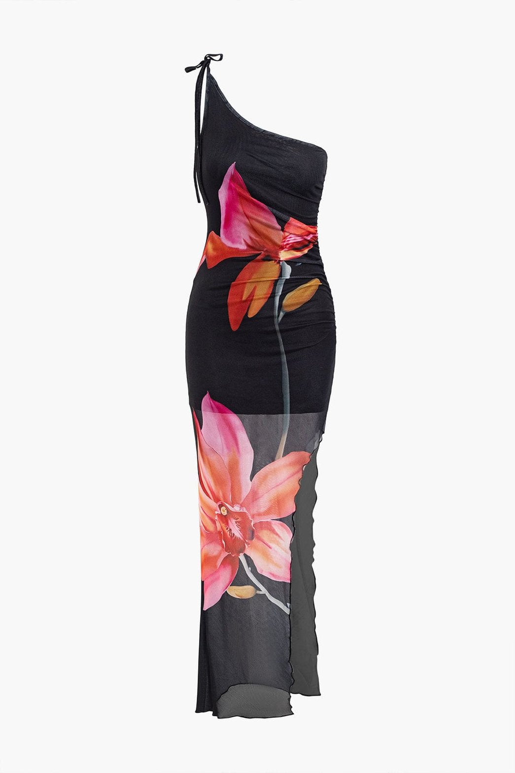 Robe longue fleurie asymétrique noire étoile