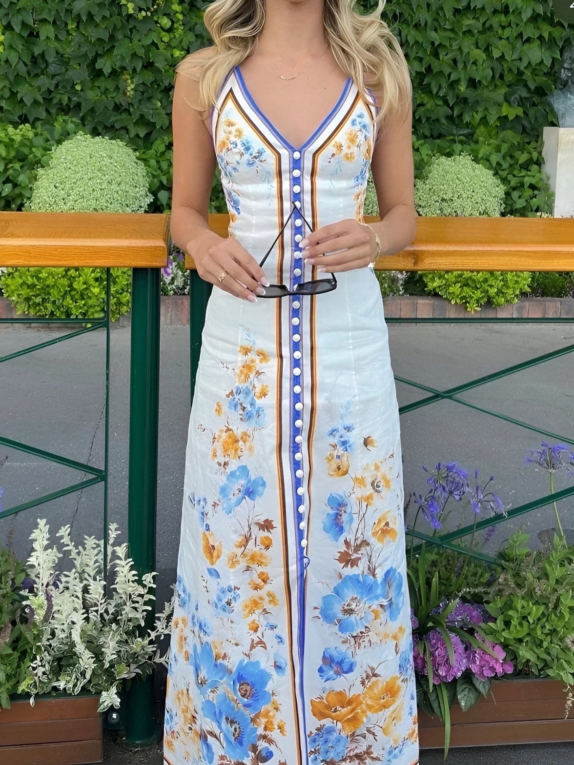 Robe longue élégante boutonnière azur
