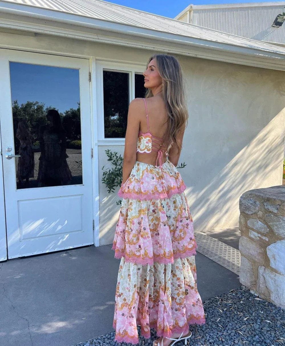Robe longue d'été à volants motif floral soleil