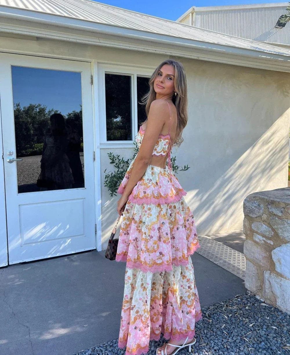 Robe longue bohème à motifs floraux cascade