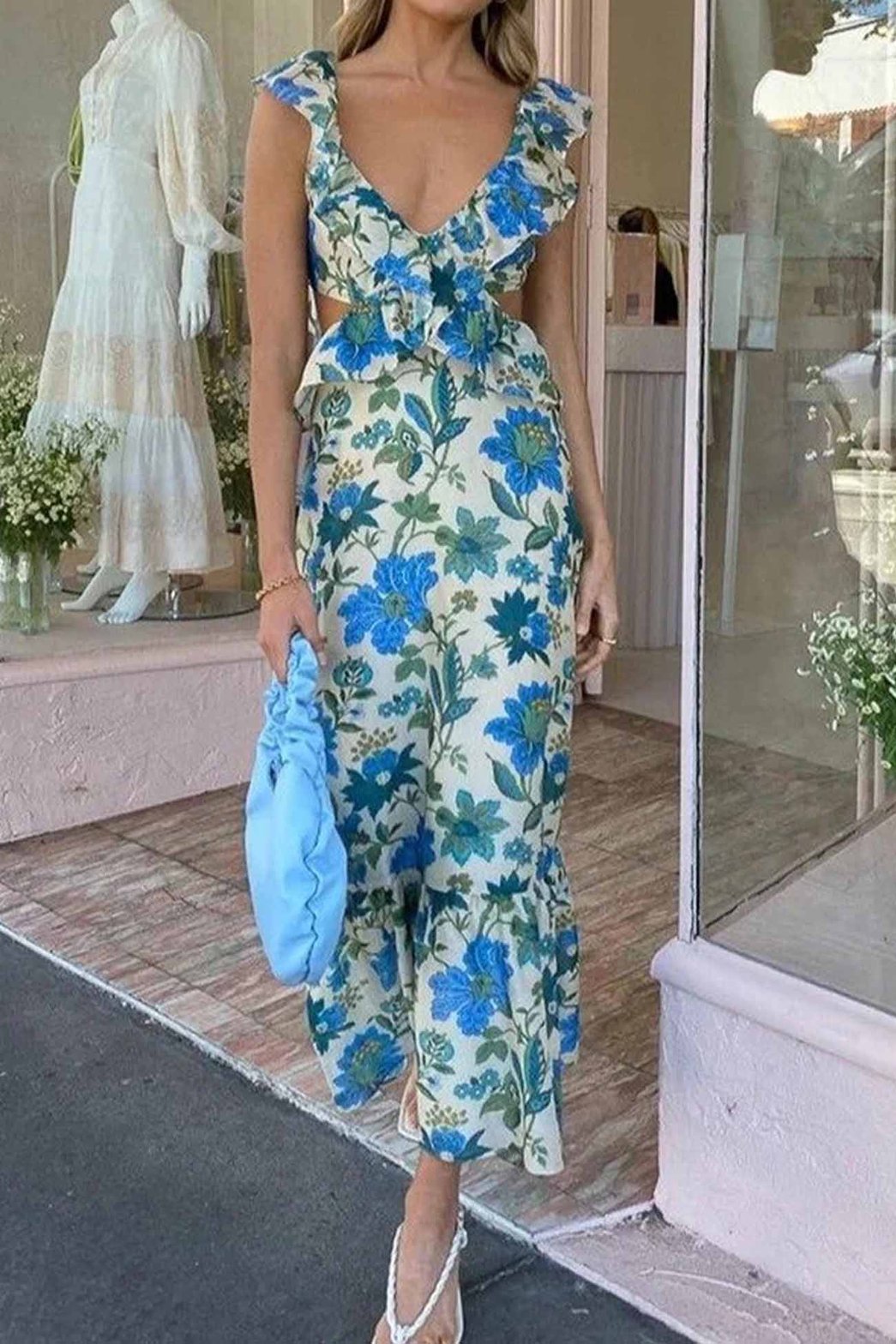 Robe longue bleue motif floral océan