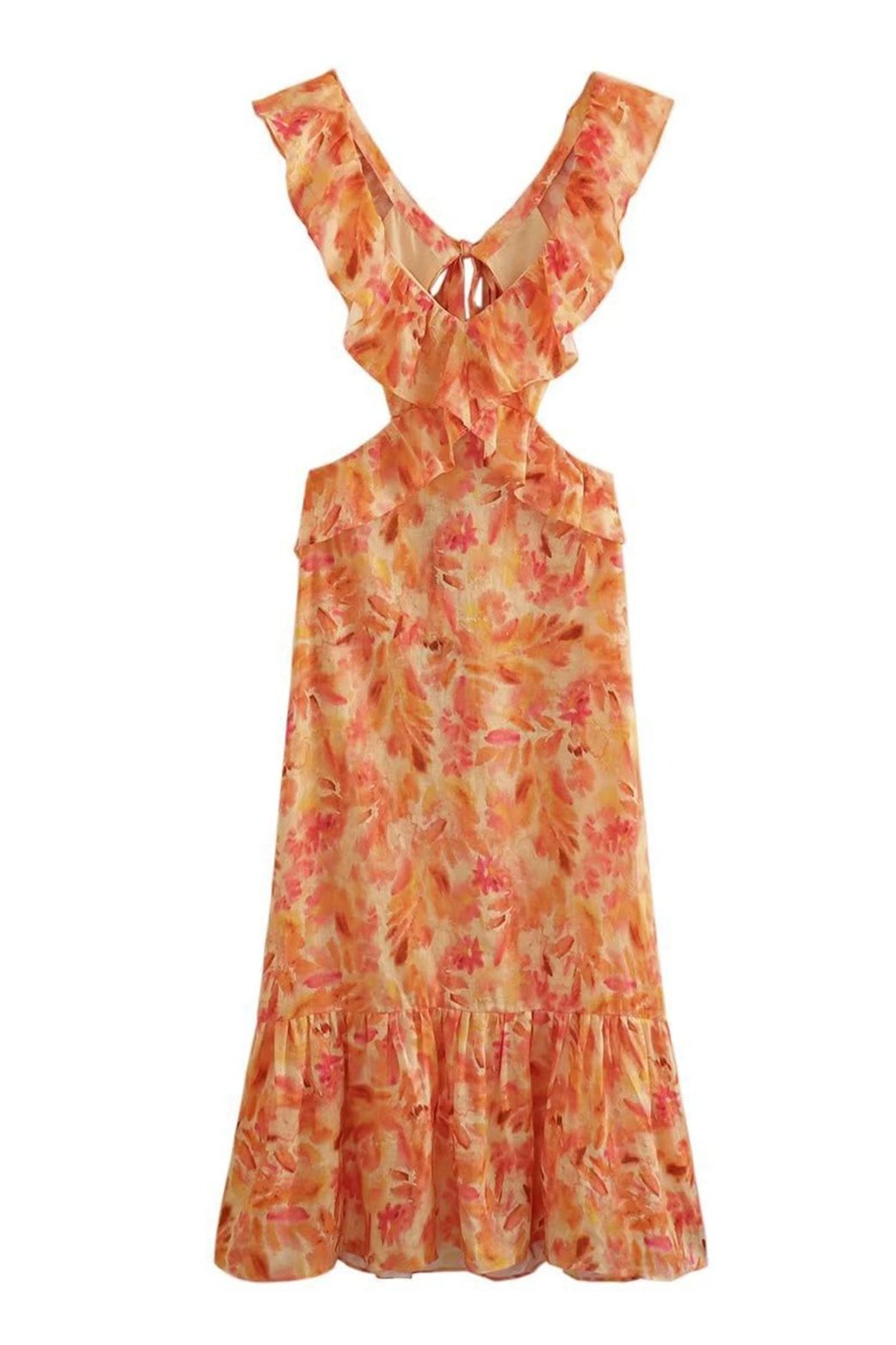 Robe longue orange détail volants plume