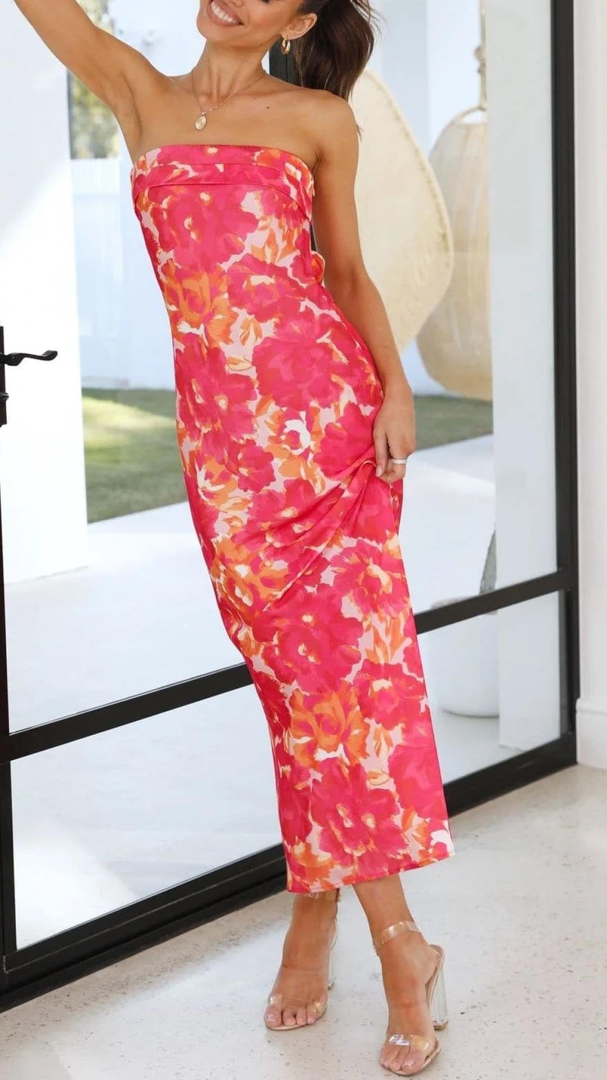 Robe longue florale rouge vue face intensité