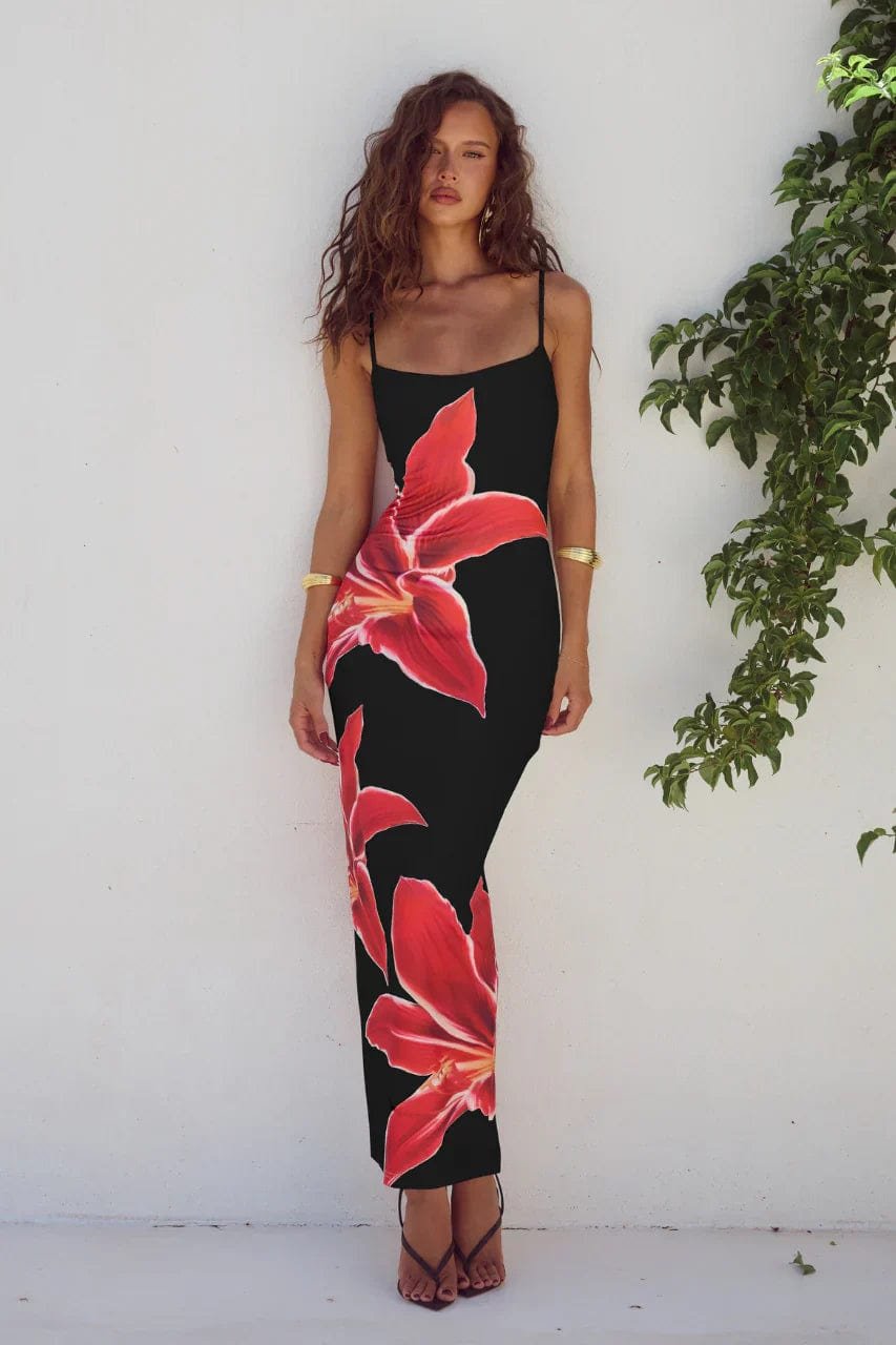 Robe longue florale noire et rouge soleil
