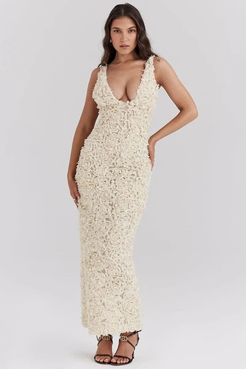 Robe longue florale détail tissu rosée