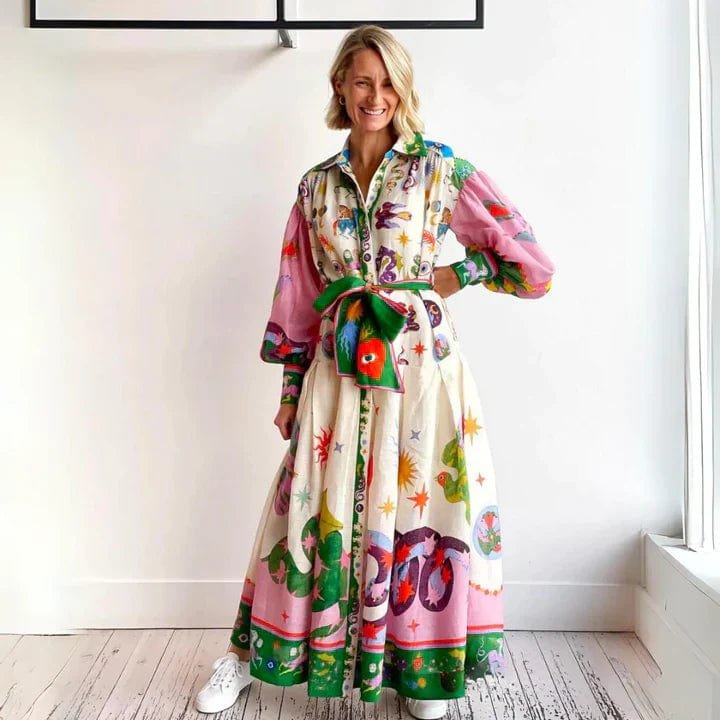 Robe longue italienne printanière rose et verte soleil