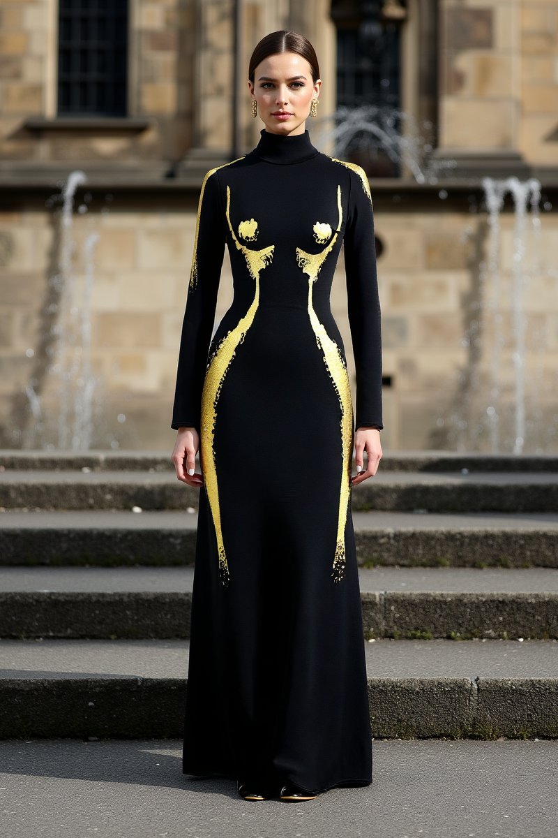 Robe longue noire élégante col roulé harmonie