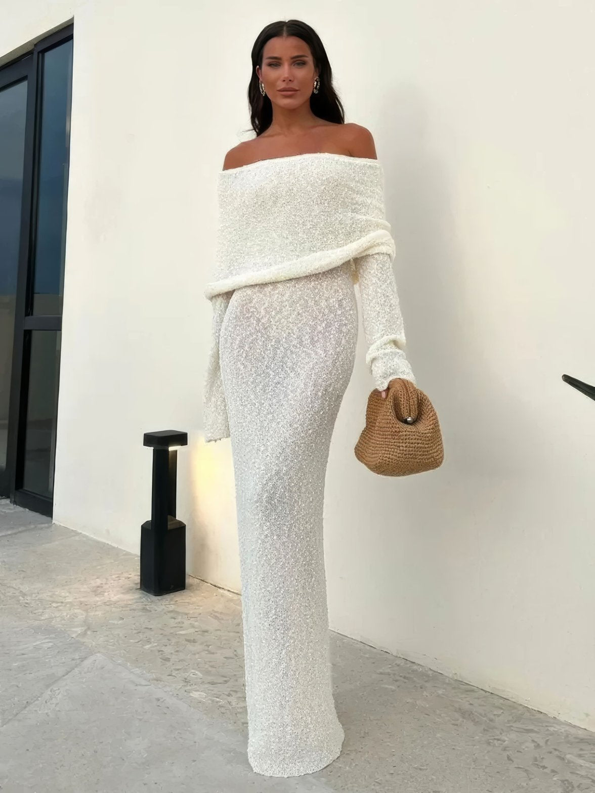 Robe longue élégante d'été blanc nacré soleil