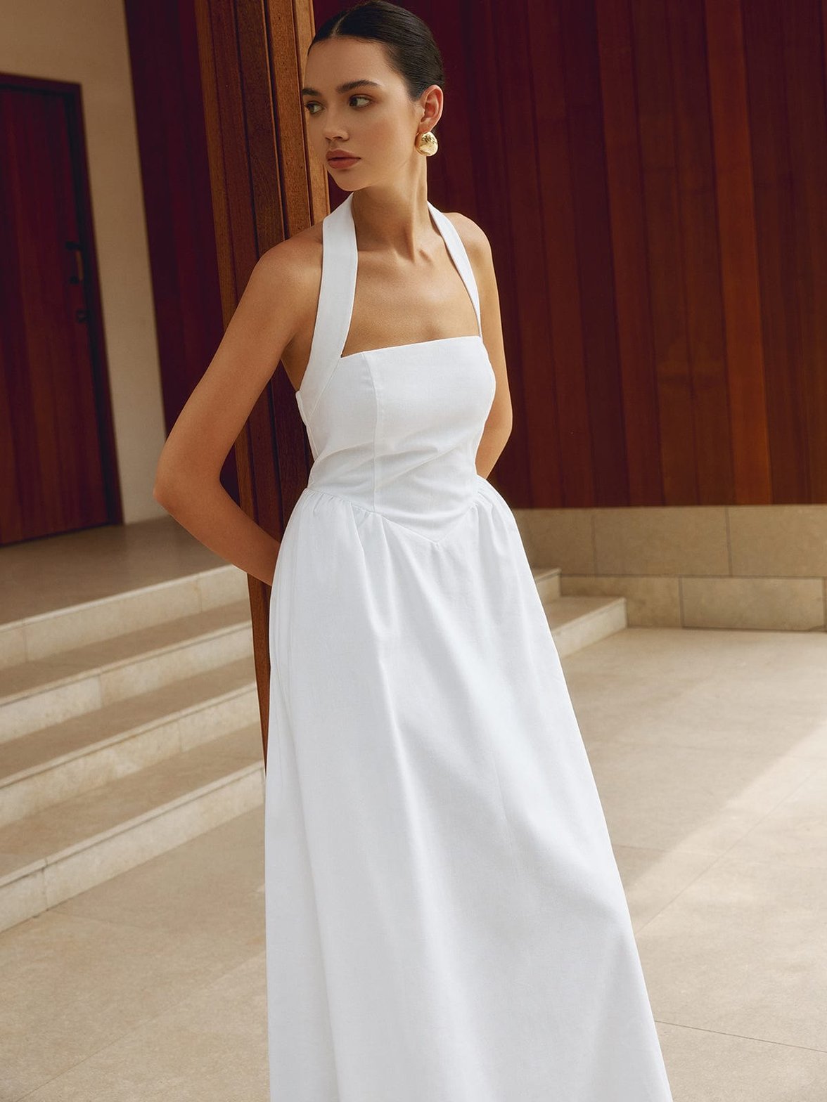 Robe élégante longue en lin blanc nuage