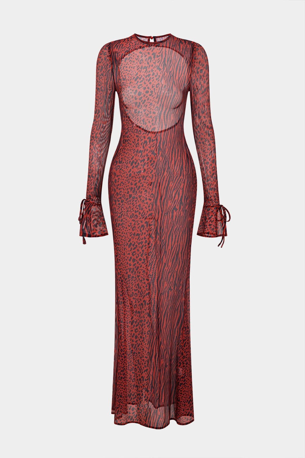 Robe longue léopard rouge en mesh vue de face soleil