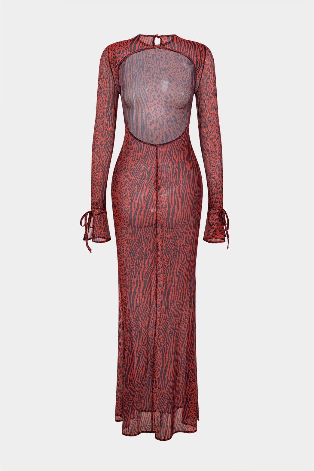 Robe longue léopard rouge en mesh vue de dos lune