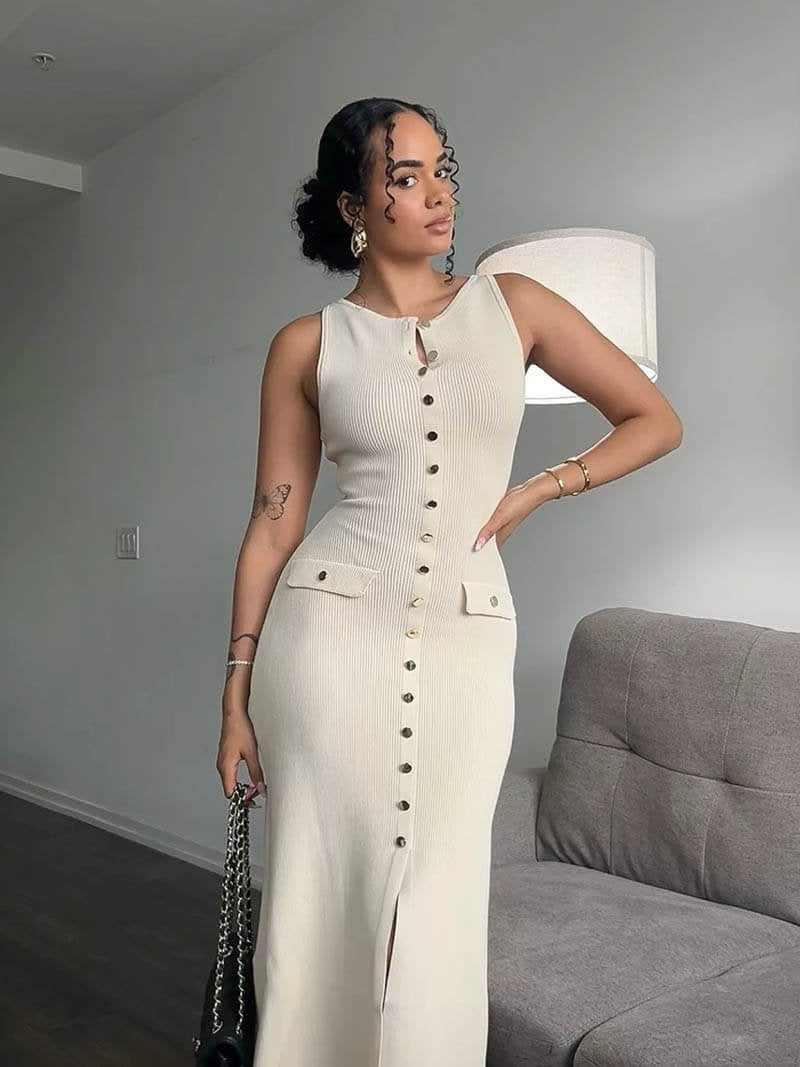 Robe longue boutonnée beige étoile