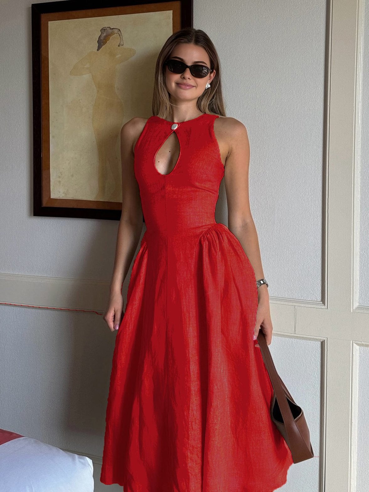 Robe longue lin fendue élégante sable