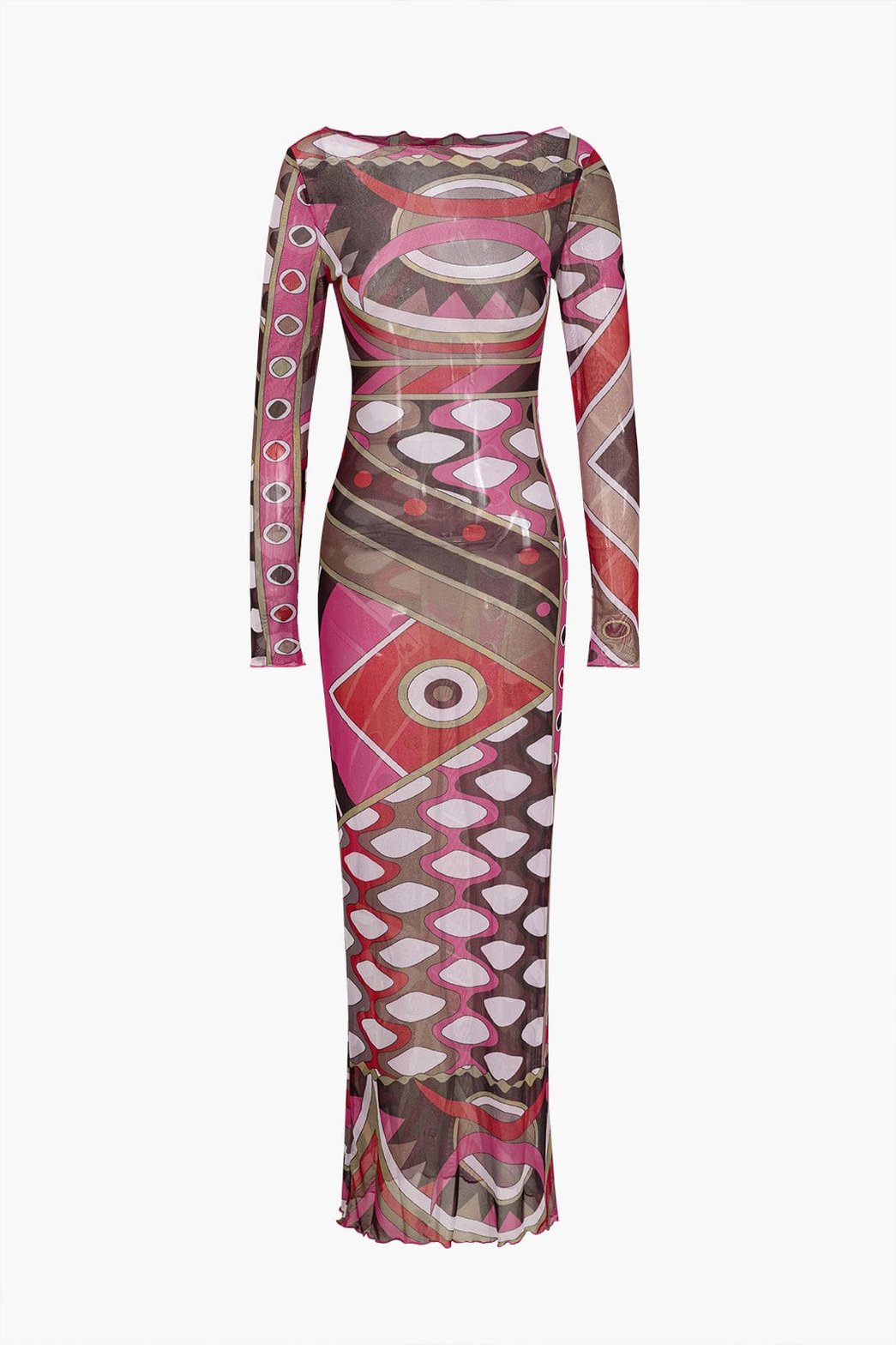 Robe longue mesh motif abstrait rose et marron velours