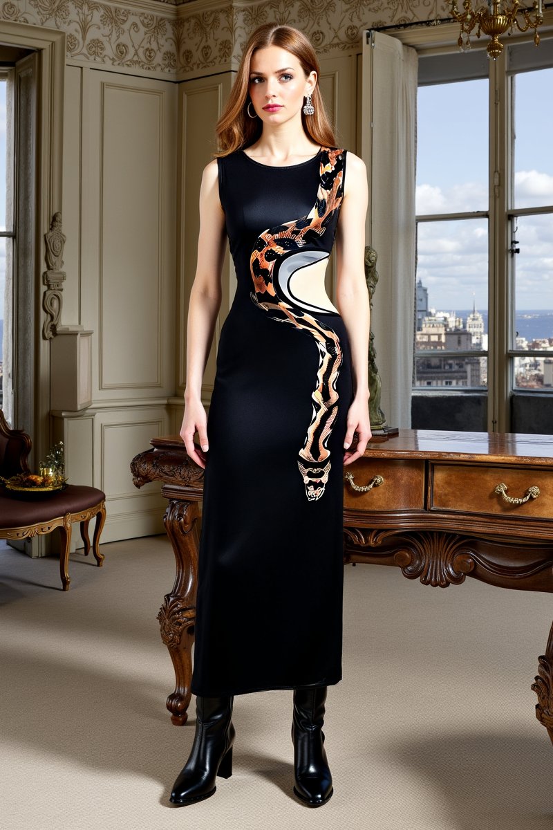 Robe longue noire motif serpent élégante luxe