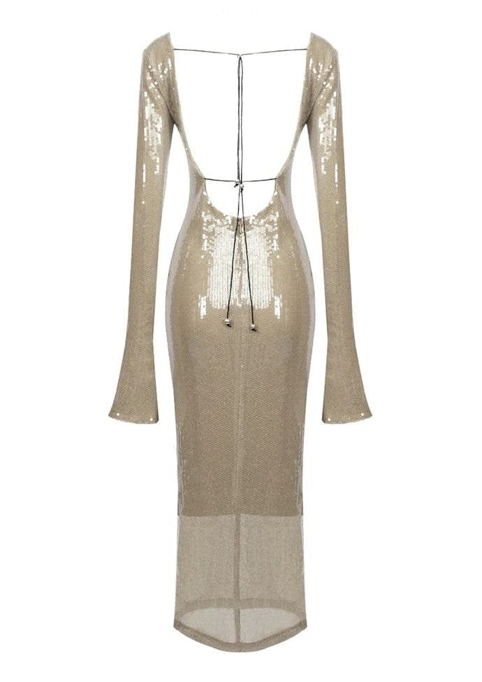 Vue ensemble robe longue brillante opale