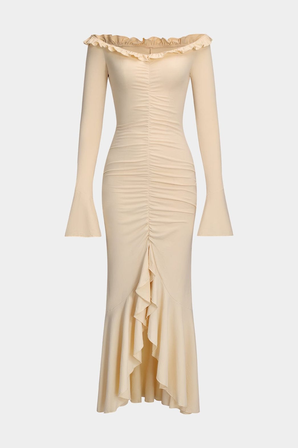 Robe longue beige épaules dénudées harmonie