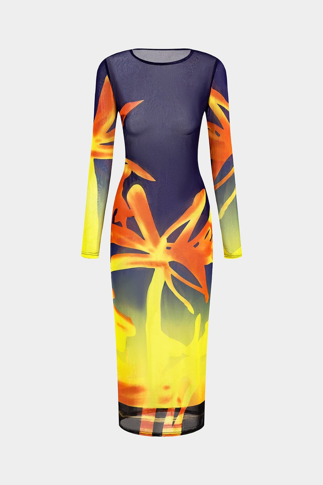 Robe longue transparente motif floral soleil